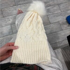Express Ivory Cable Knit Beanie with Pom-Pom